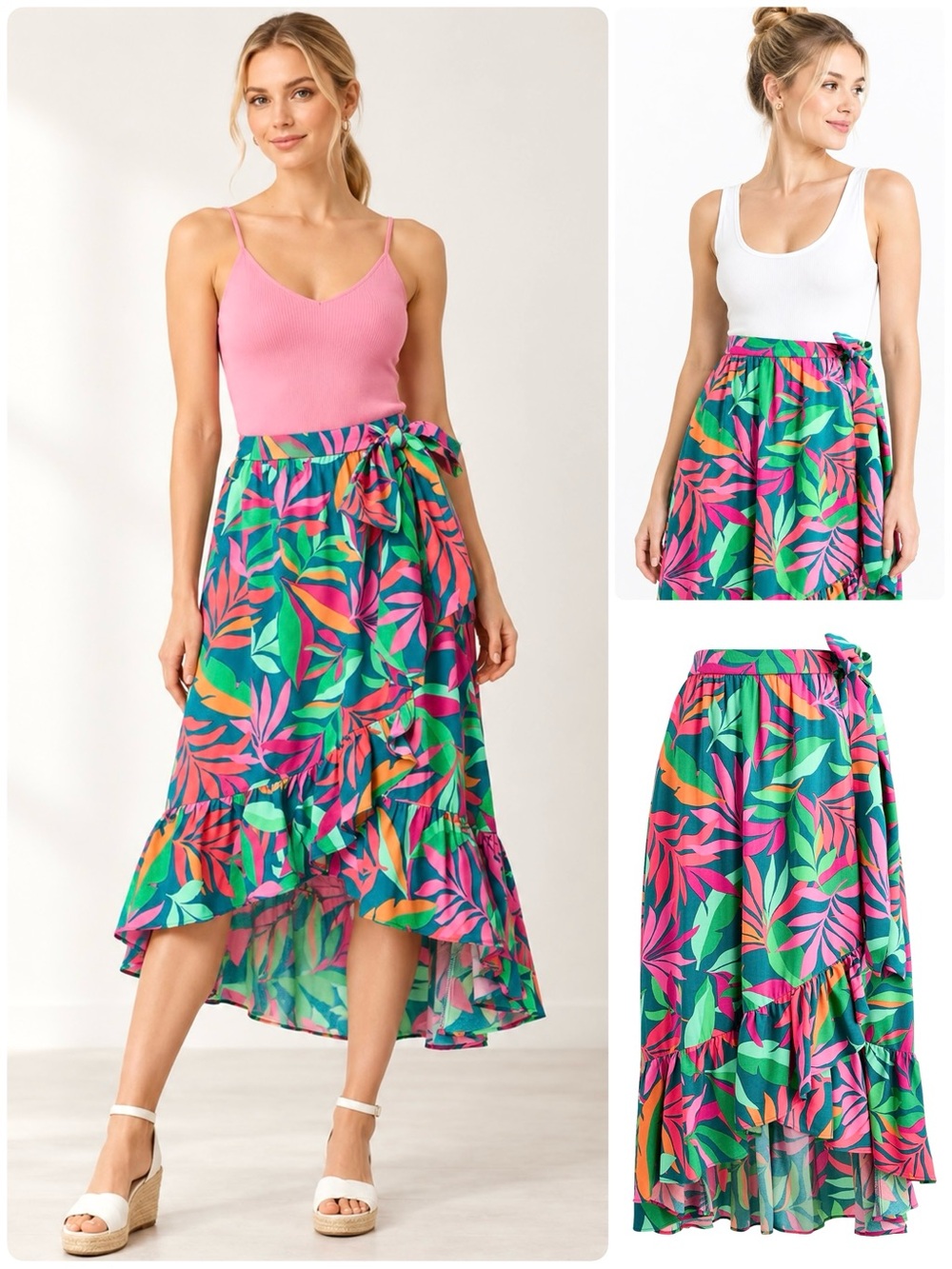 J.Crew Midi Wrap Skirt Ruffle Hem Side Tie Fit and Flare Silhouette Back Elastic
